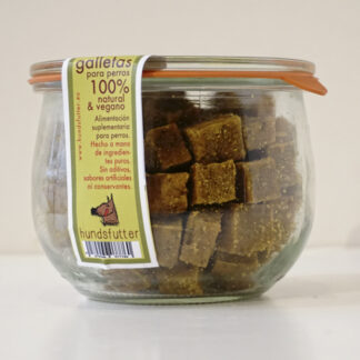 natural healthy dog ​​snack with vegan cheese in a glass 229 g.