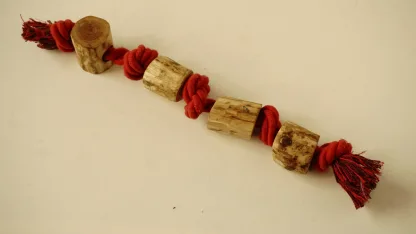 The chew toy from hundsfutter for dogs is made of olive wood. The wood breaks but doesn't split. It also withstands dog teeth for a long time.